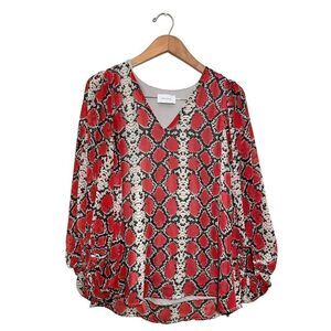 Adrienne Snakeskin Print Blouse Women’s Medium Balloon Sleeve Red Gray‎